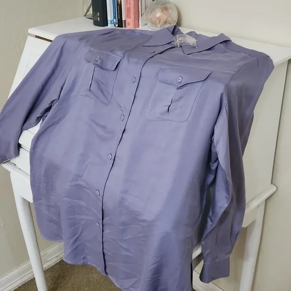 100% Silk Button Down Blouse 1X Purple   office lagenlook career Party - Picture 5 of 9